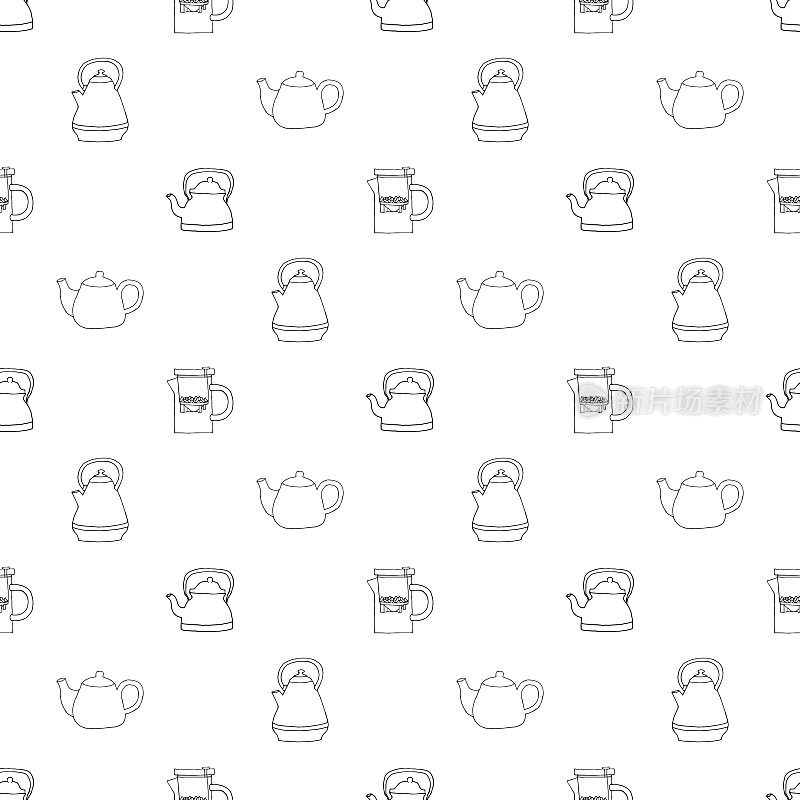 Seamless vector illustration with kitchen kettles on a white background.